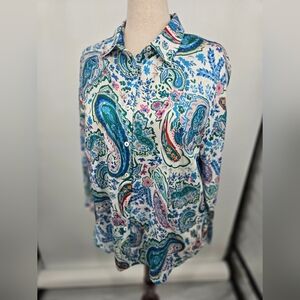 Collection By Cezele Blue Green Paisley-Print Button-Down Shirt Large (6527)